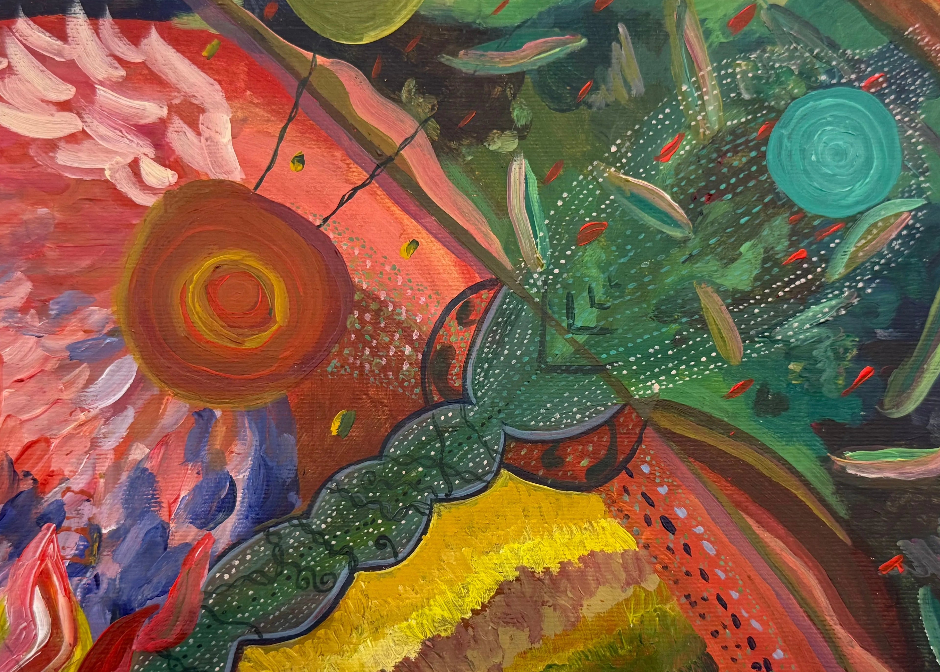 An abstract painting on canvas featuring a vibrant mix of pink, green, yellow, orange, and blue brushstrokes, with a white signature in the bottom right corner, photographed against a plain white background.