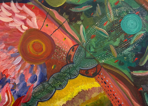 An abstract painting on canvas featuring a vibrant mix of pink, green, yellow, orange, and blue brushstrokes, with a white signature in the bottom right corner, photographed against a plain white background.