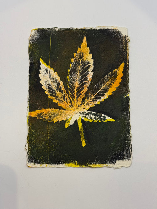 A square art print featuring a distressed, textured black background with a hand-drawn yellow and white cannabis leaf, displayed on a light off-white surface.